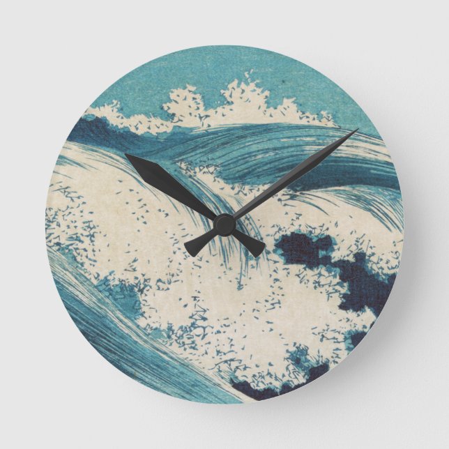 Antique Japanese Blue Waves Ocean Print Round Clock (Front)