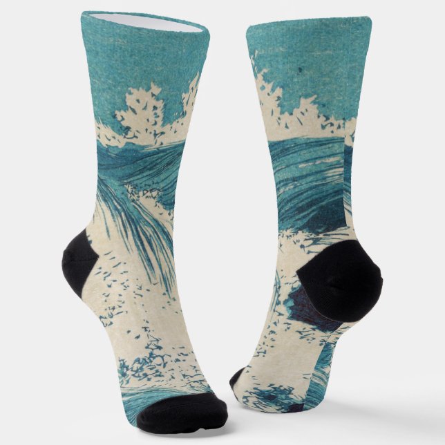 Antique Japanese Blue Waves Ocean Print Socks (Angled)