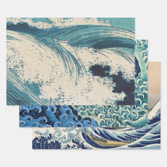 Antique Japanese Blue Waves Ocean Print Wrapping Paper Sheet (Set)