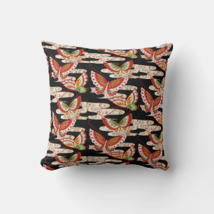 ANTIQUE JAPANESE BUTTERFLIES Red Black White Cushion