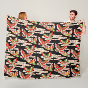 ANTIQUE JAPANESE BUTTERFLIES Red Black White Fleece Blanket