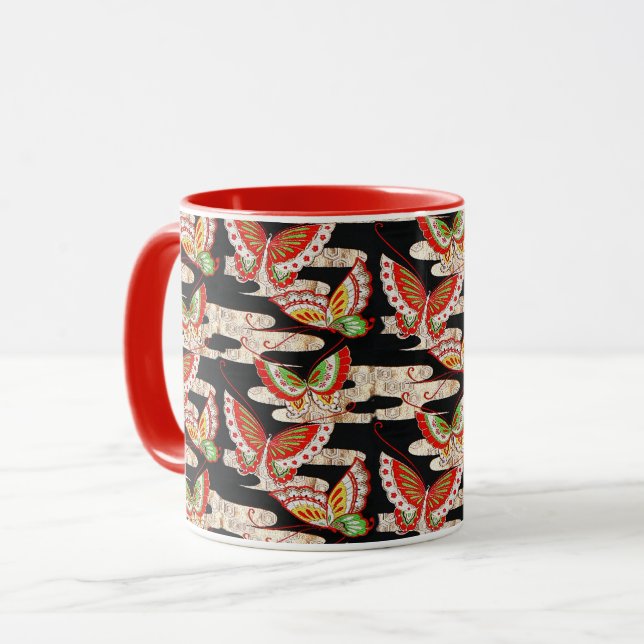 ANTIQUE JAPANESE BUTTERFLIES Red Black White Mug (Front Left)