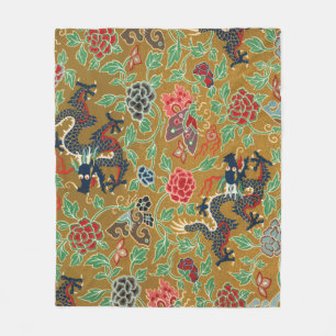 Antique Japanese Floral Dragon Print Fleece Blanket