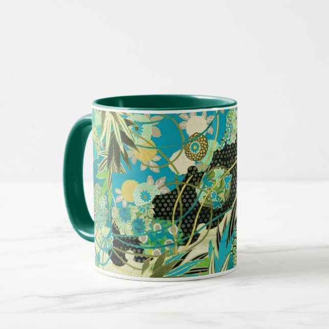 ANTIQUE JAPANESE FLOWERS Aqua Blue Green Floral  Mug (Front Left)