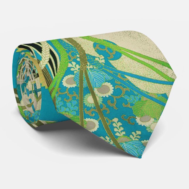 ANTIQUE JAPANESE FLOWERS Aqua Blue Green Floral  Tie (Rolled)