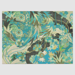 ANTIQUE JAPANESE FLOWERS Aqua Blue Green Floral Tissue Paper