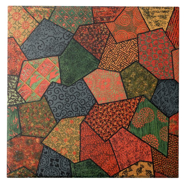 ANTIQUE JAPANESE FLOWERS,LEAVES ,GEOMETRIC FLORAL CERAMIC TILE (Front)