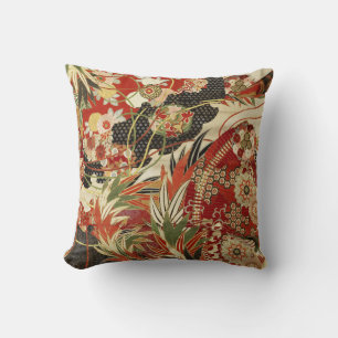 ANTIQUE JAPANESE FLOWERS Red Green Black Floral  Cushion