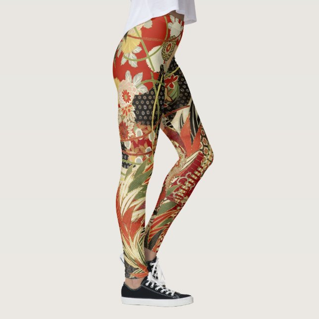 ANTIQUE JAPANESE FLOWERS Red Green Black Floral  Leggings (Right)