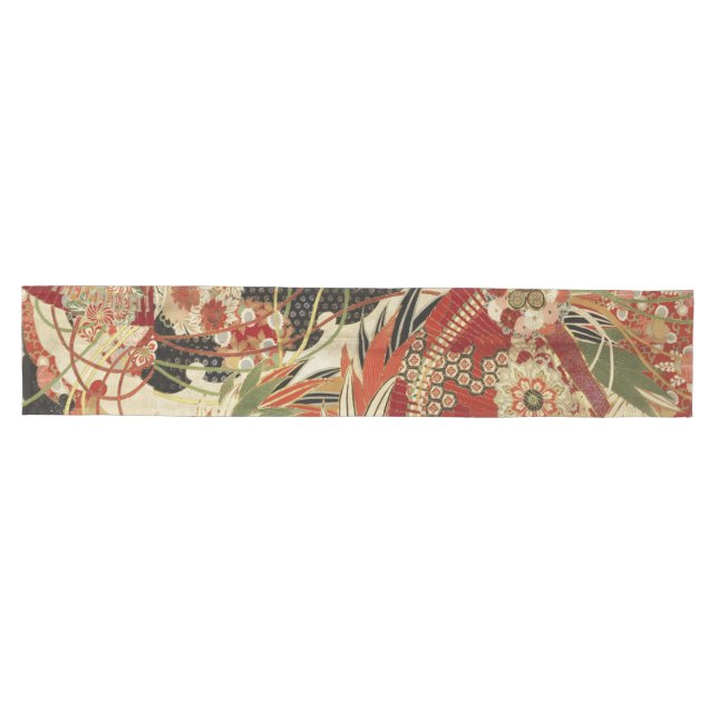 ANTIQUE JAPANESE FLOWERS Red Green Black Floral Medium Table Runner (Horizontal)