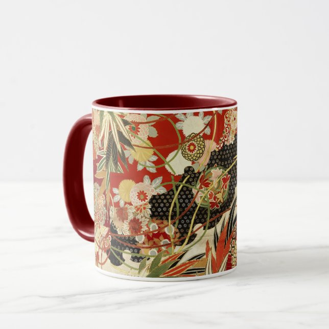 ANTIQUE JAPANESE FLOWERS Red Green Black Floral Mug (Front Left)