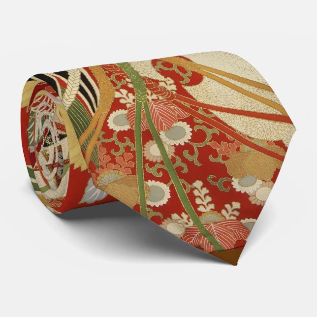 ANTIQUE JAPANESE FLOWERS Red Green Black Floral Ne Tie (Rolled)