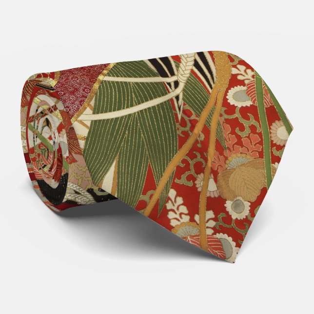 ANTIQUE JAPANESE FLOWERS Red Green Black Floral Ne Tie (Rolled)
