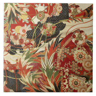 ANTIQUE JAPANESE FLOWERS Red Green Black Floral  T Ceramic Tile