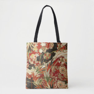 ANTIQUE JAPANESE FLOWERS Red Green Black Floral Tote Bag