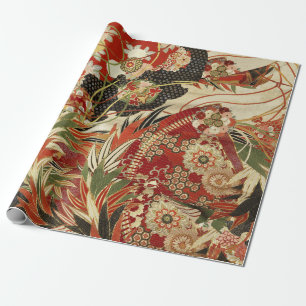 ANTIQUE JAPANESE FLOWERS Red Green Black Floral  Wrapping Paper