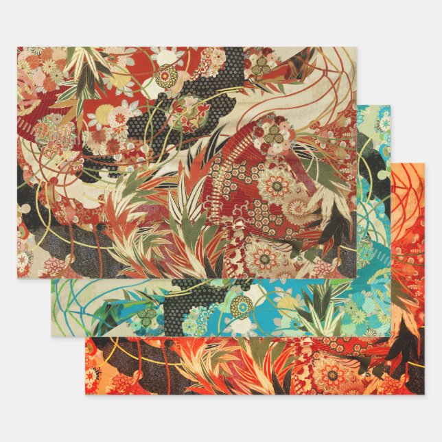 ANTIQUE JAPANESE FLOWERS Red Teal Green Floral  Wrapping Paper Sheet (Set)