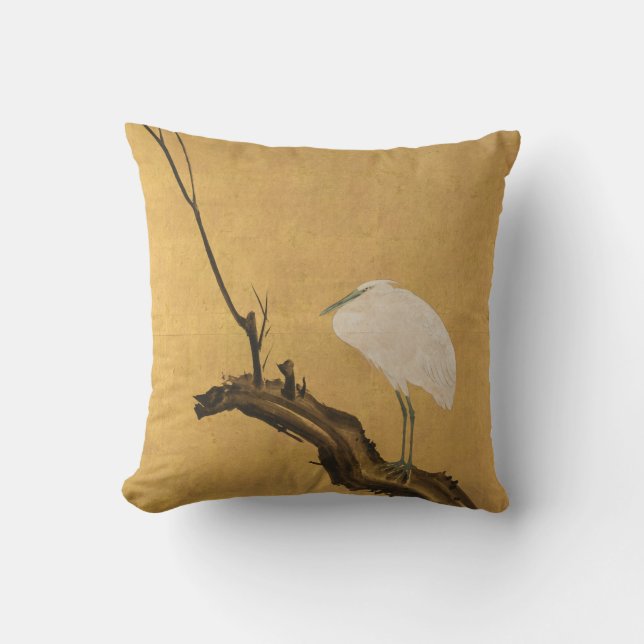 Antique Japanese Heron on a Willow Branch Print Cushion (Front)
