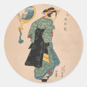Antique Japanese Kimono Woman Ukiyo-e Woodblock Classic Round Sticker