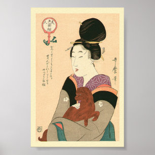 Antique Japanese Painting of Geisha and Dog Poster
