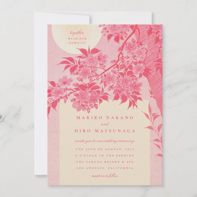 Antique Japanese Pink Cherry Blossom Wedding Invitation (Front)