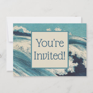 Antique Japanese Woodblock Blue Ocean Waves Print Invitation