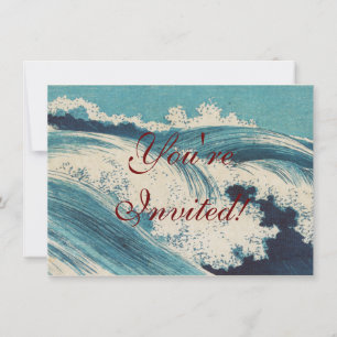Antique Japanese Woodblock Blue Ocean Waves Print Invitation