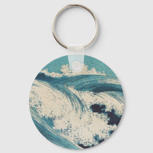 Antique Japanese Woodblock Blue Ocean Waves Print Key Ring