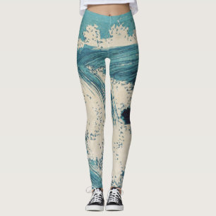 Antique Japanese Woodblock Blue Ocean Waves Print Leggings