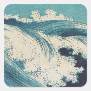 Antique Japanese Woodblock Blue Ocean Waves Print Square Sticker