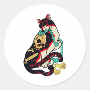 Antique Japanese Woodblock Print Cat With Flower Classic Round Sticker