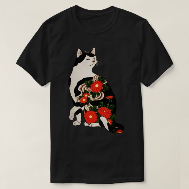 Antique Japanese Woodblock Print Cat With Flower T T-Shirt (Design Front)