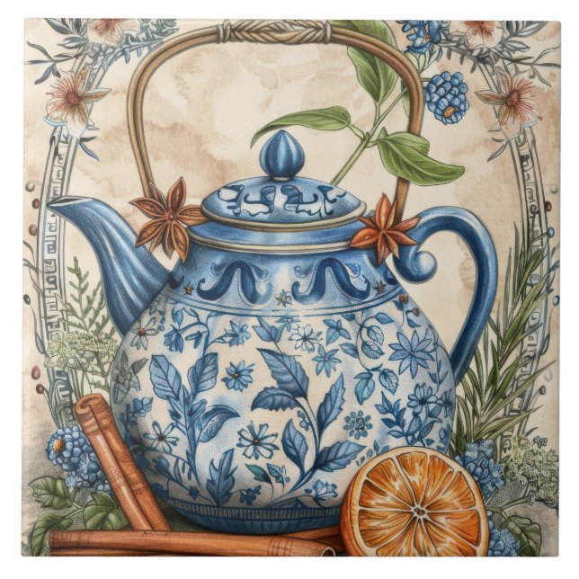 Antique Kettle Blue Lemons Cinnamon Ceramic Tile (Front)
