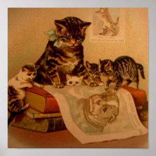 Antique Kittens & Books Kitty School Poster
