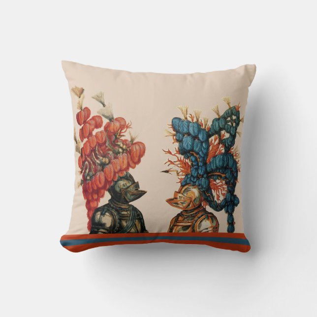 ANTIQUE KNIGHT HELMETS ,DRAGONS,RED BLUE FEATHERS CUSHION (Front)