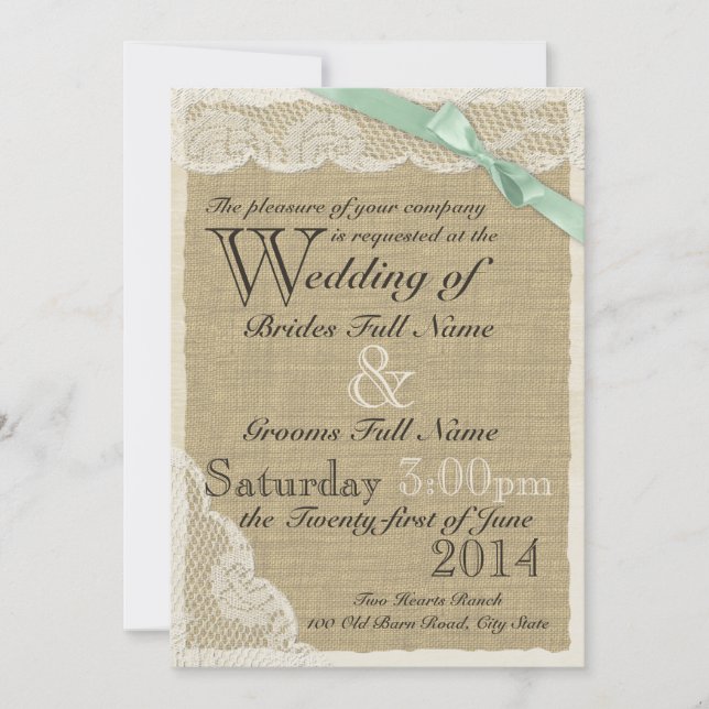 Antique Lace and Mint Bow Country Wedding Invitation (Front)