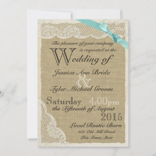 Antique Lace Aqua Bow Country Wedding Invitation