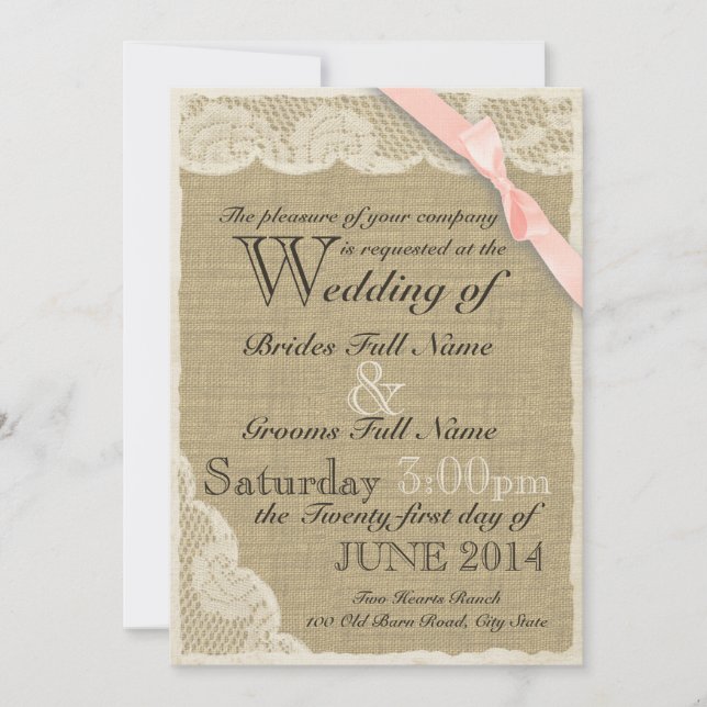 Antique Lace Country Blush Wedding Invitation (Front)