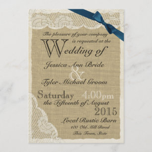 Antique Lace Navy Bow Country Wedding Invitation