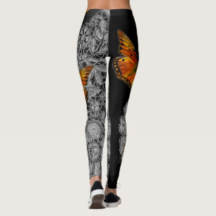 ANTIQUE LACE PATTERN BLACK LEGGINGS BUTTERFLIES