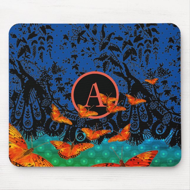 ANTIQUE LACE PATTERN ORANGE BUTTERFLIES MOUSE PAD (Front)