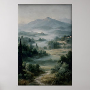 Antique Landscape Print, Green Mountains Field Poster