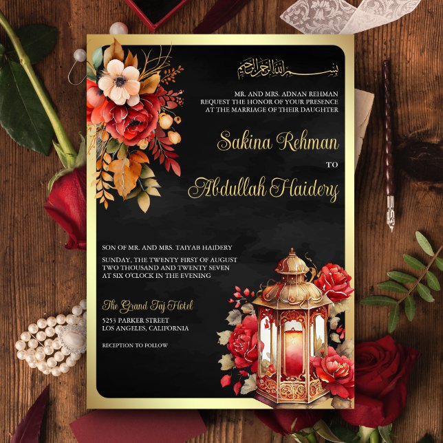 Antique Lantern Red Floral Black Muslim Wedding Invitation (Creator Uploaded)