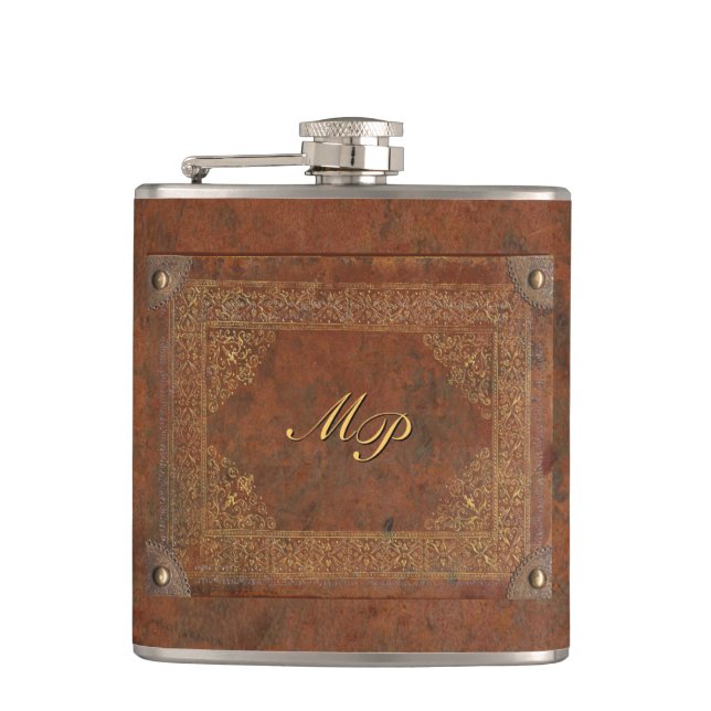 Antique Leather Look with Initials Hip Flask (Front)