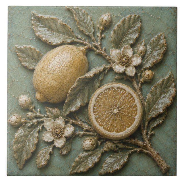Antique Lemon Branch Botanical Faux Relief Ceramic Tile (Front)