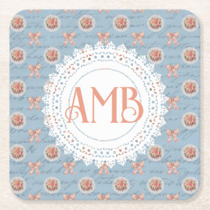 Antique Lettering Vintage Roses Personalised Square Paper Coaster