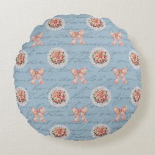 Antique Lettering Vintage Roses Toile Bows Round Cushion