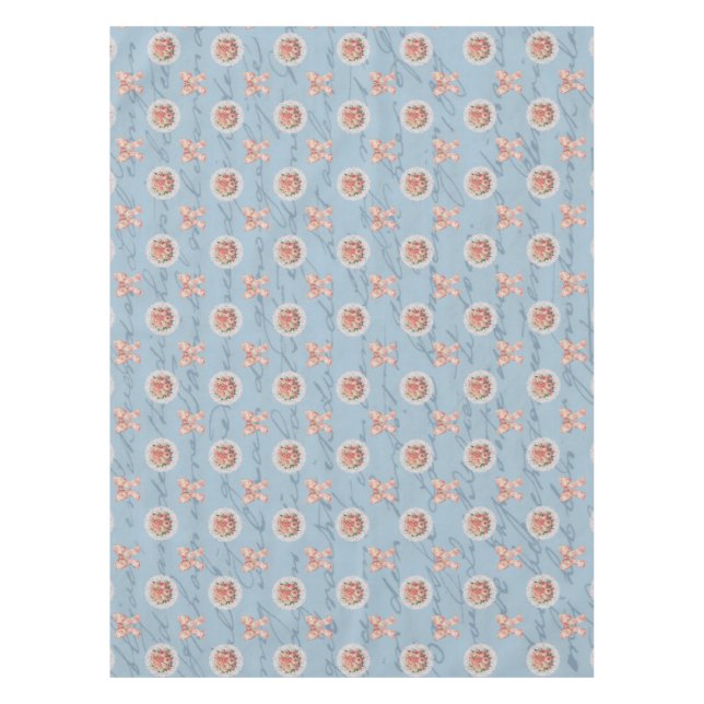 Antique Lettering Vintage Roses Toile Bows Tablecloth (Front)