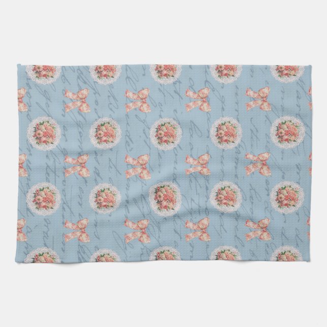 Antique Lettering Vintage Roses Toile Bows Tea Towel (Horizontal)
