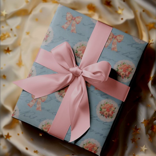 Antique Lettering Vintage Roses Toile Bows Wrapping Paper (Vintage style wrapping paper for that special gift!)